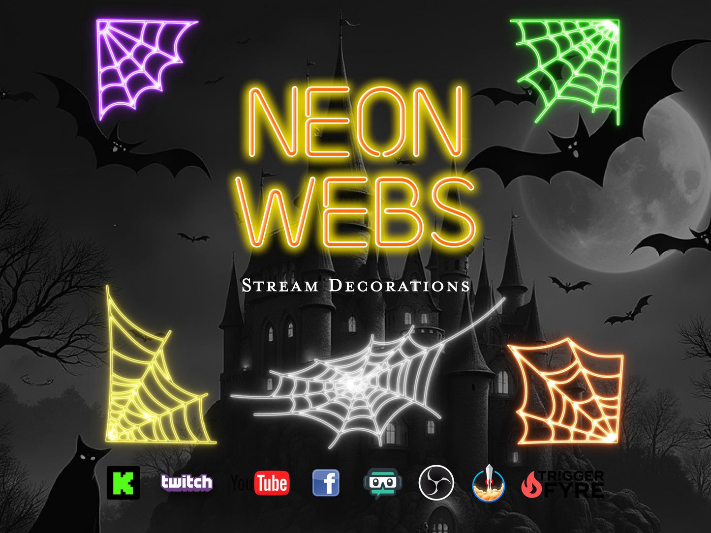 Neon Spider Webs Stream Decoration Pack - Bundle of 25 Assets - Fun Halloween Cobweb Overlays with Transparent Background - Instant Download