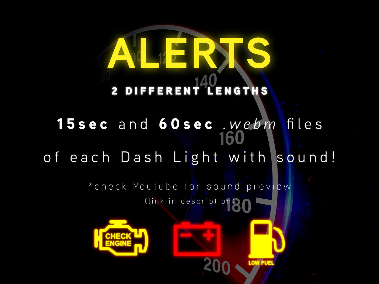 Stream Dash Lights Alert & Decorations Pack - Check Engine, Low Battery, and Low Fuel Warnings - Fun Streamer Effects - Instant Download