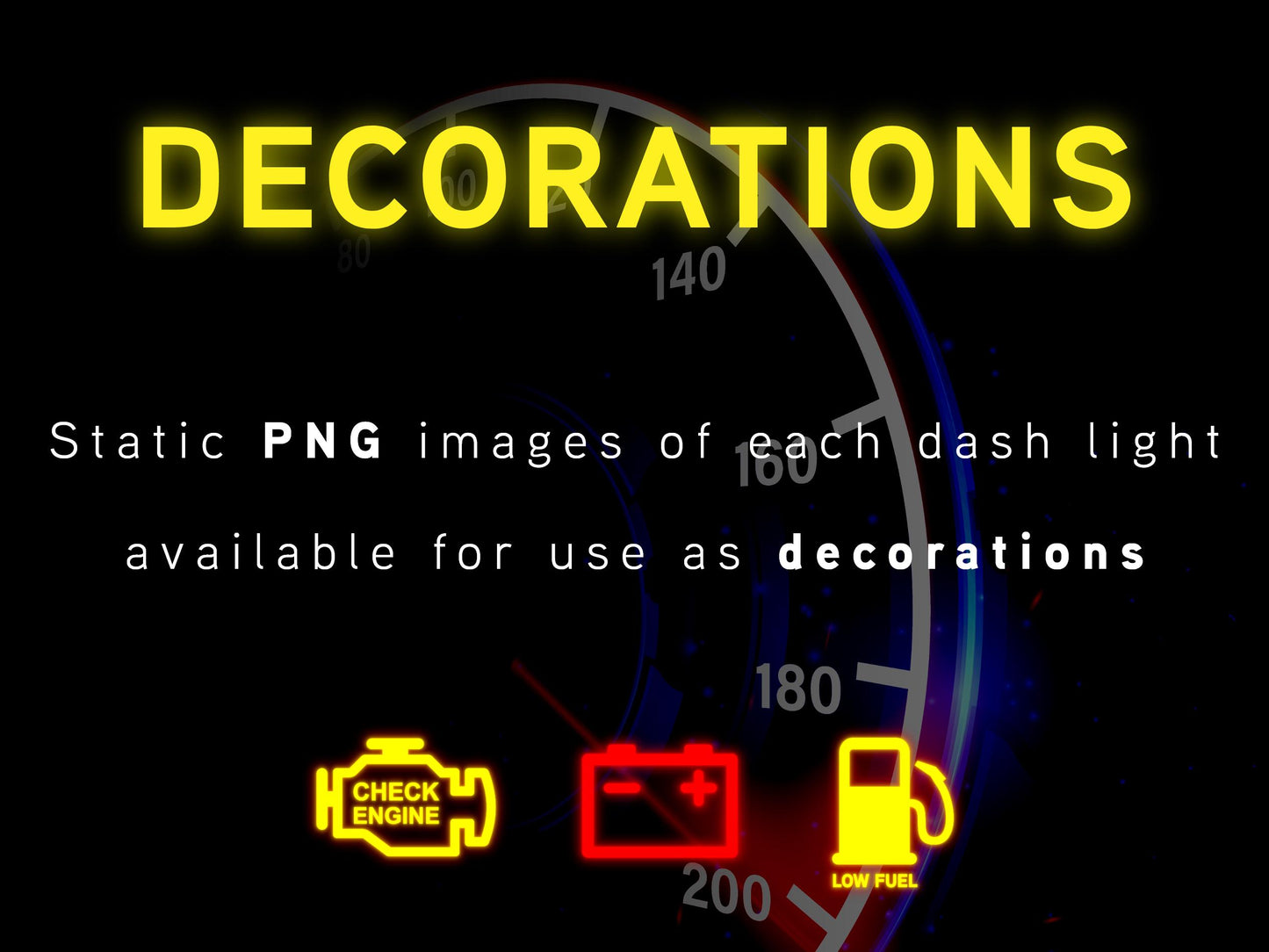 Stream Dash Lights Alert & Decorations Pack - Check Engine, Low Battery, and Low Fuel Warnings - Fun Streamer Effects - Instant Download