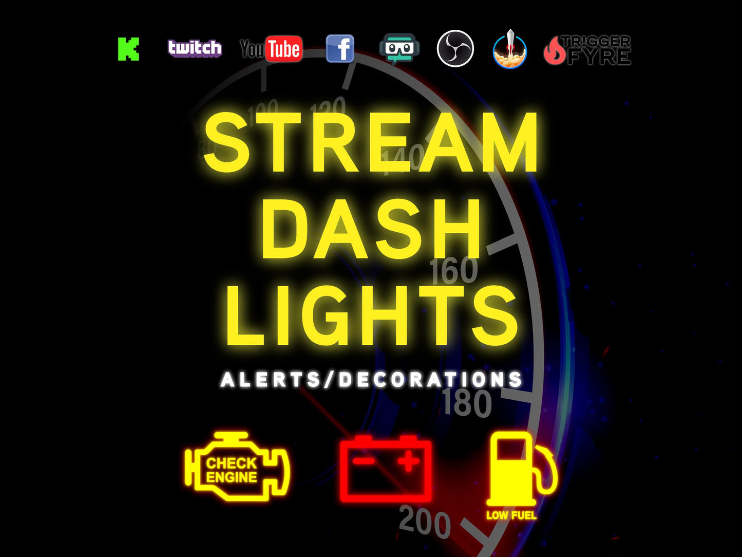 Stream Dash Lights Alert & Decorations Pack - Check Engine, Low Battery, and Low Fuel Warnings - Fun Streamer Effects - Instant Download