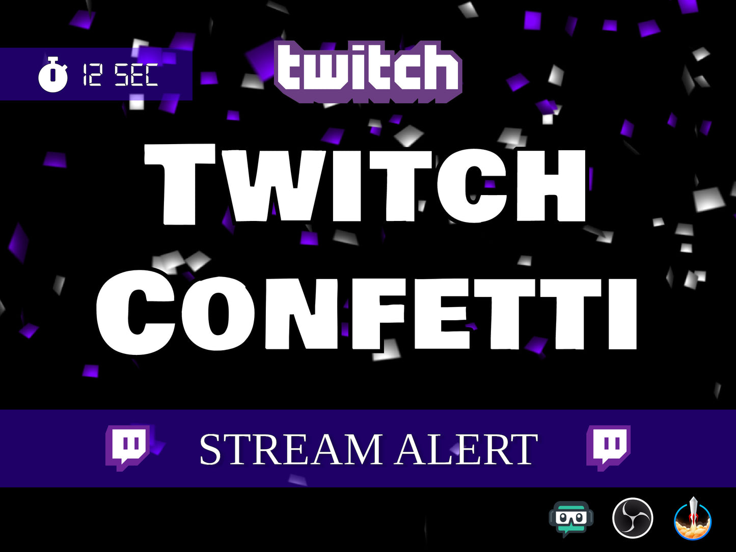 Twitch Confetti Alert - Full Screen Celebration - Transparent Overlay With Sound - Purple + White Party Poppers - Affiliate & Partner Party