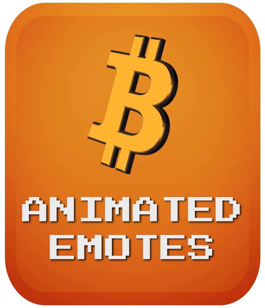 Pixel Bitcoin icon above the words “Animated Emotes” on an orange background
