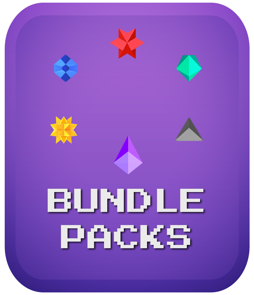 Pixel art gems and icons floating above the words “Bundle Packs” on a purple background