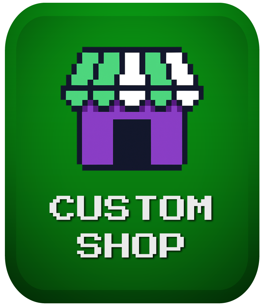 Pixel art icon of a small storefront with a green and white striped awning and a purple building on a dark green rounded square background. Below it, the text reads “CUSTOM SHOP” in white pixel-style font.