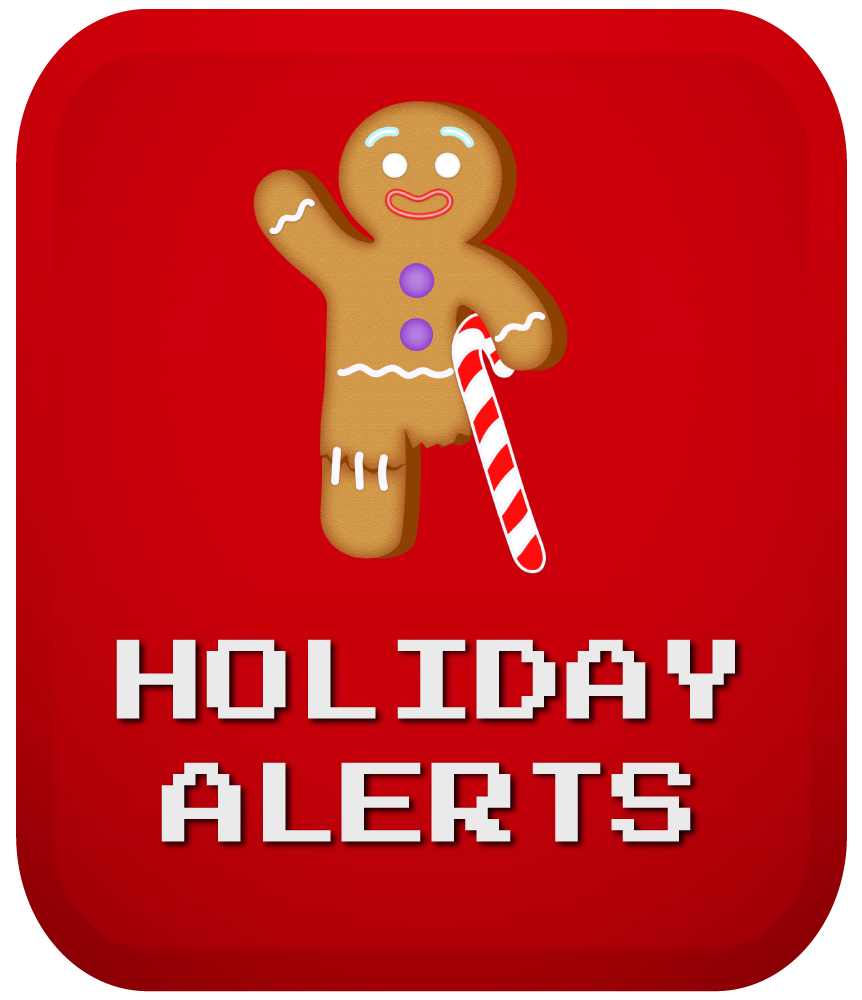Gingerbread man holding a candy cane on red background for holiday stream alerts category