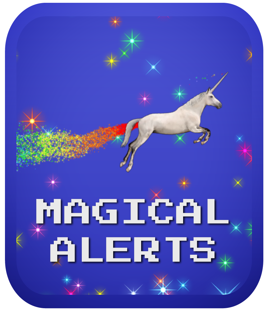 Flying unicorn with rainbow trail and sparkles icon for magical stream alerts category