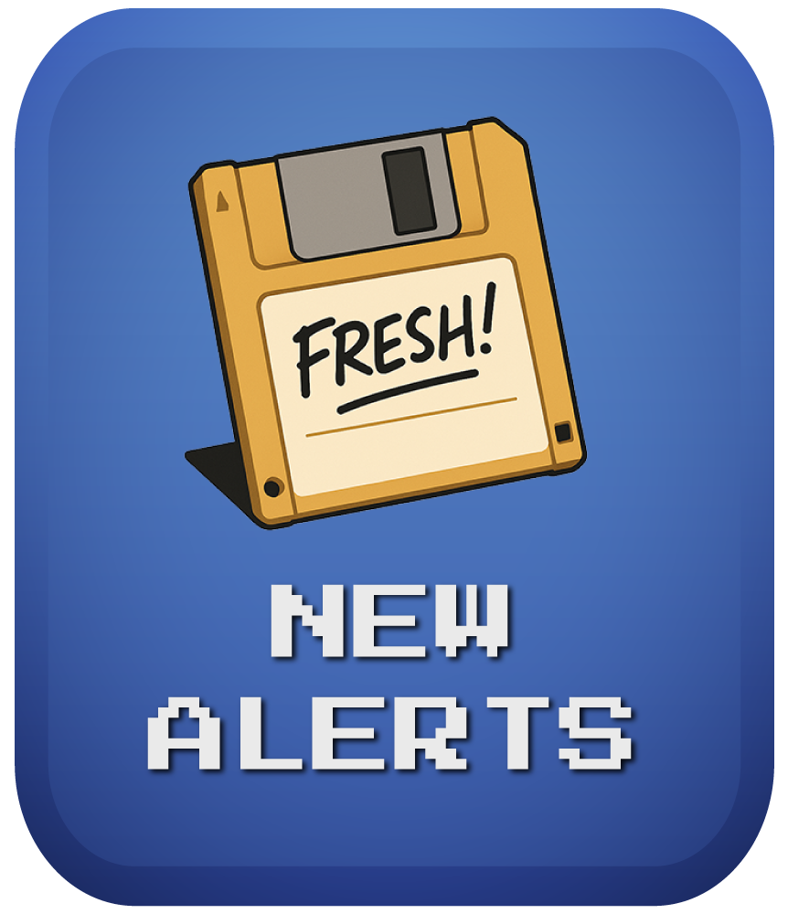 Mustard yellow floppy disk labeled "FRESH!" in handwritten font, tilted at an angle above pixelated text that reads "NEW ALERTS" on a blue background