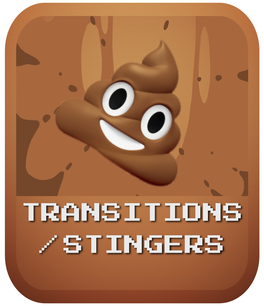 Cartoon poop emoji with sparkles above the words “Transitions / Stingers” on a brown background