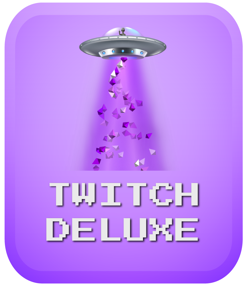 Pixel UFO beaming up bits above the words “Twitch Deluxe” on a purple background