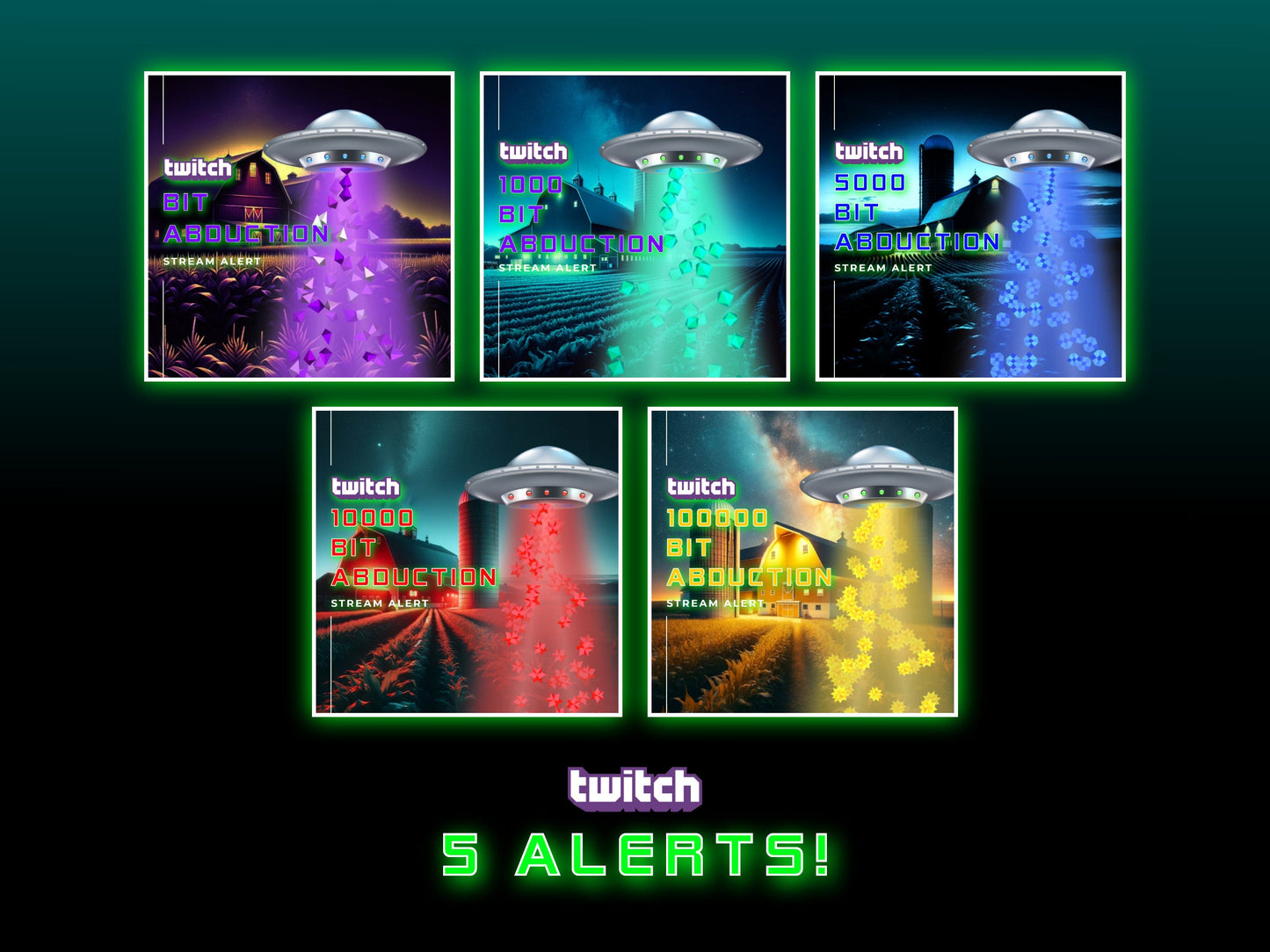 Bit Abduction Alert Pack - Twitch Cheer Bundle - Includes 5 UFO Effects - 1920x1080 Full Screen - Transparent Background - Instant Download