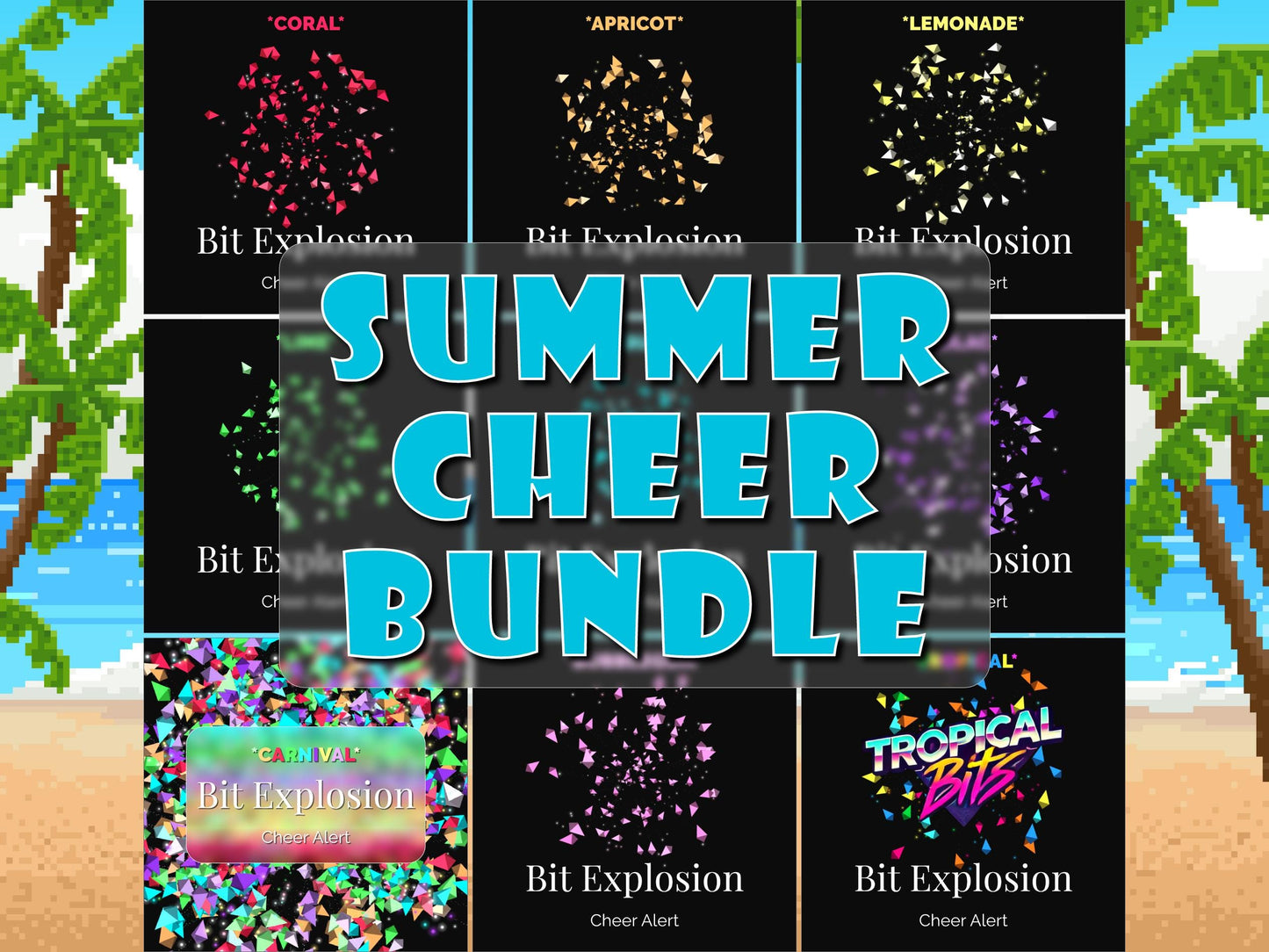 Summer Cheer Bundle - 9 Animated Twitch Stream Overlays - Full Screen Bit Explosions - Transparent Background - Instant Download - 1920x1080