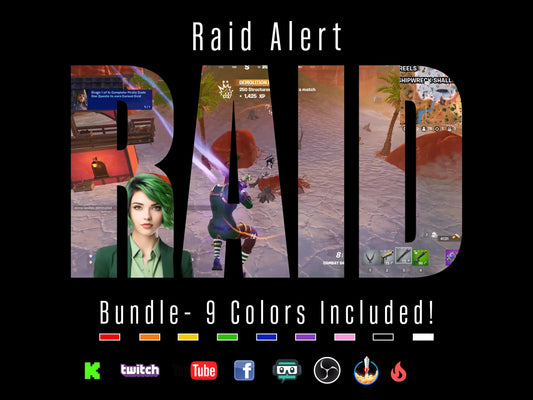 RAID Stream Alert Bundle - Pack of Nine Full Screen Animated Overlays with Transparent Background - 1920x1080 - Instant Download - 9 Colors!