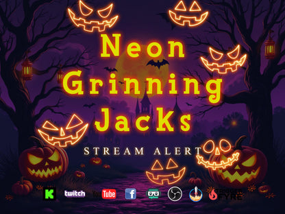 Neon Grinning Jacks Stream Alert - 1920x1080 Full Screen Animated Halloween Overlay - Transparent Background - Instant Download - Spooky Fun