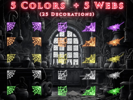 Neon Spider Webs Stream Decoration Pack - Bundle of 25 Assets - Fun Halloween Cobweb Overlays with Transparent Background - Instant Download