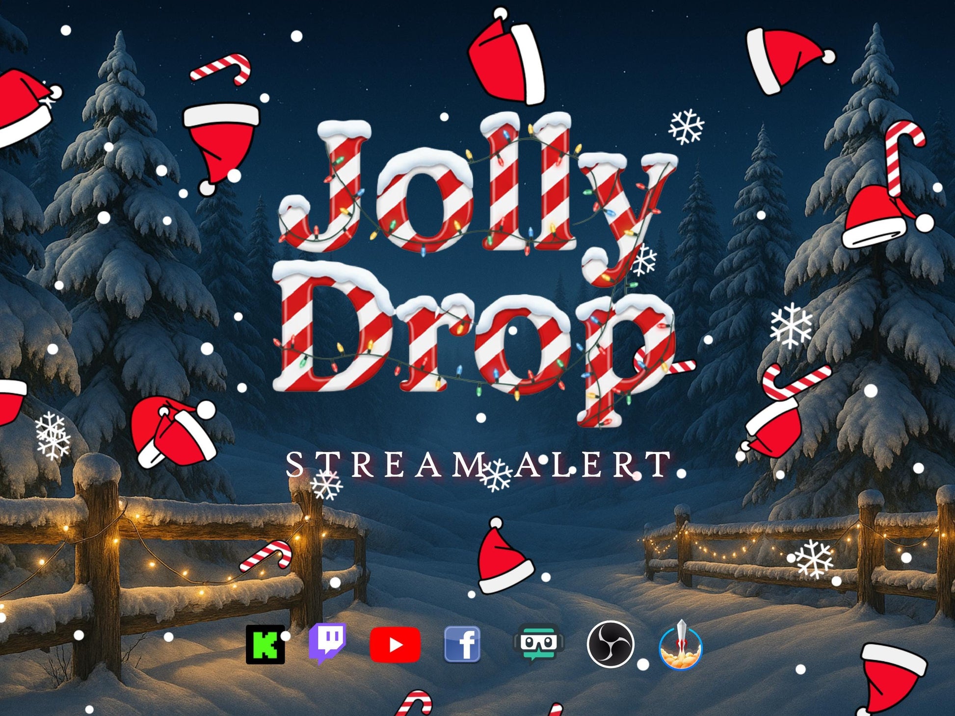 Jolly Drop Stream Alert - Full Screen Animated Overlay with Transparent Background - Santa Hats, Candy Canes, & Snow Fall - Instant Download