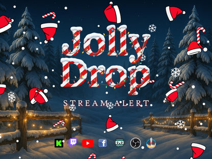 Jolly Drop Stream Alert - Full Screen Animated Overlay with Transparent Background - Santa Hats, Candy Canes, & Snow Fall - Instant Download