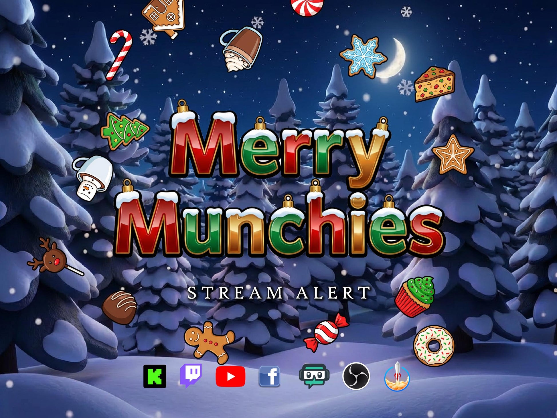 Merry Munchies Stream Alert - Full Screen Snow & Festive Food Rain Animated Overlay - Transparent Background - 1920x1080 - Instant Download