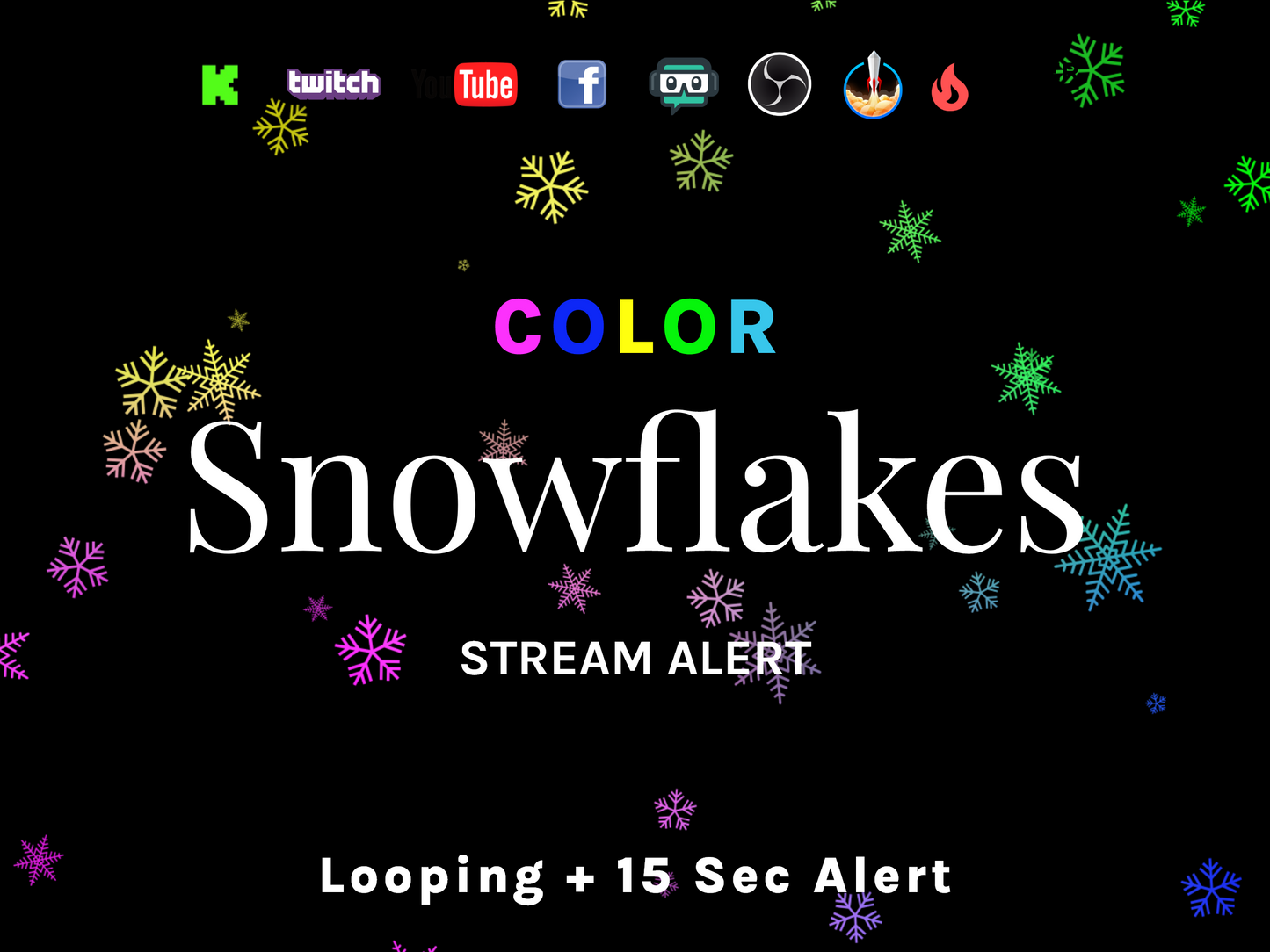 Color Snowflakes Stream Alert & Looping Decoration - 2 Effects - Full Screen Animated Overlay w/ Transparent Background - Instant Download