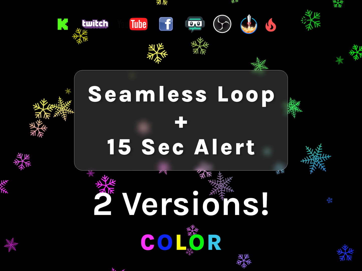 Color Snowflakes Stream Alert & Looping Decoration - 2 Effects - Full Screen Animated Overlay w/ Transparent Background - Instant Download