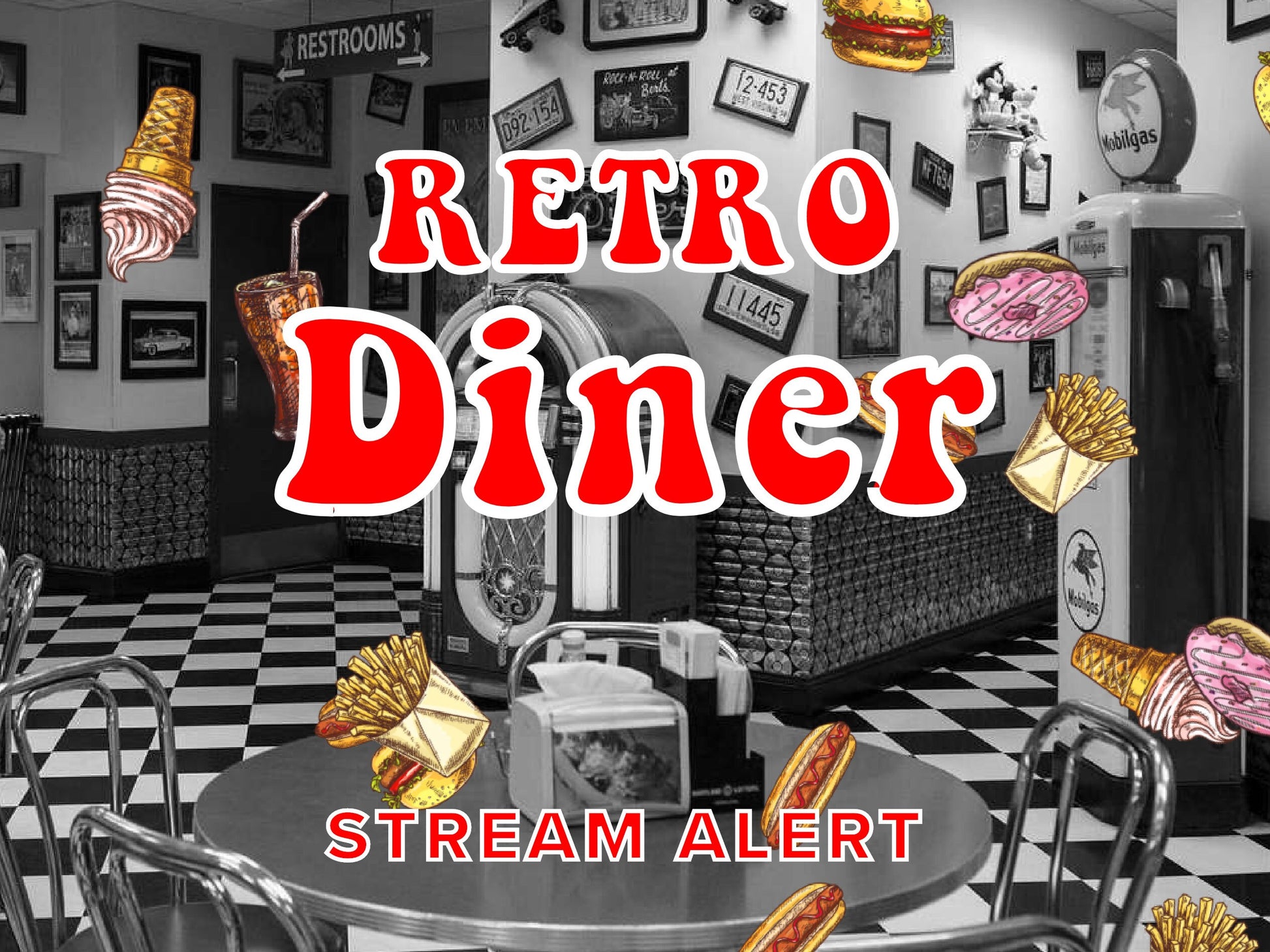 Retro Diner Stream Animation - Full Screen Transparent Animated Overlay Alert - Soda Pop, Burgers, Donuts, Hotdogs, Ice Cream & Fries Drop