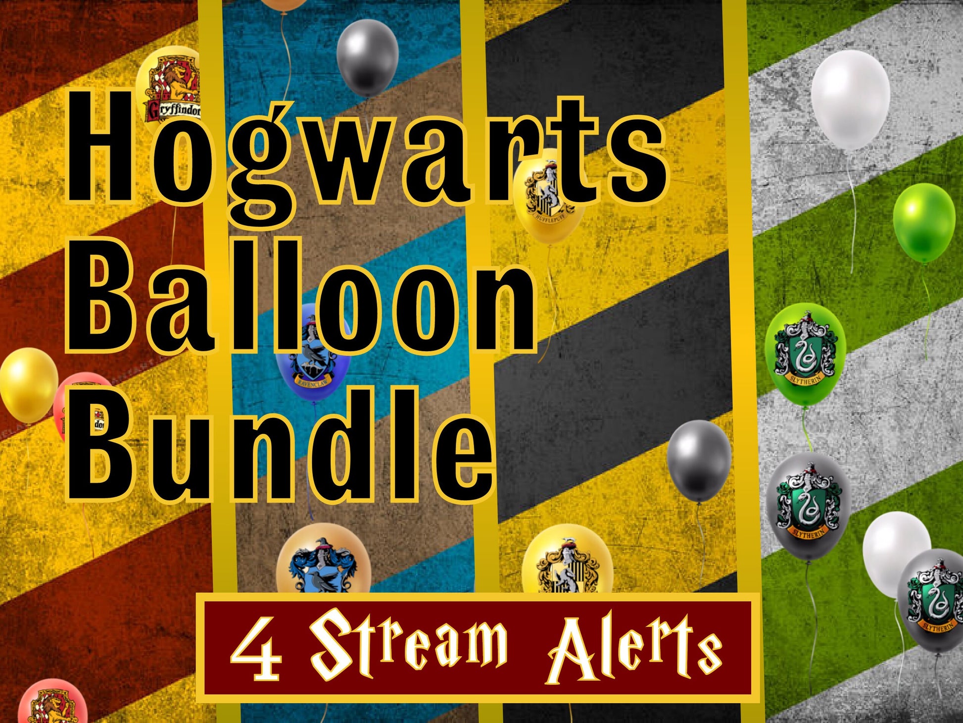 Hogwarts Alert Bundle - Gryffindor, Hufflepuff, Ravenclaw, Slytherin- Balloons and House Crest Full Screen Stream Animation Overlay Alerts