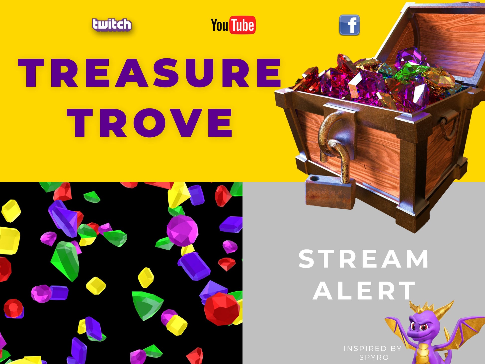 Treasure Stream Alert - Full Screen Animated Overlay - Colorful Gems Effect with Transparent Background - 1920x1080 - Donations & Cheers