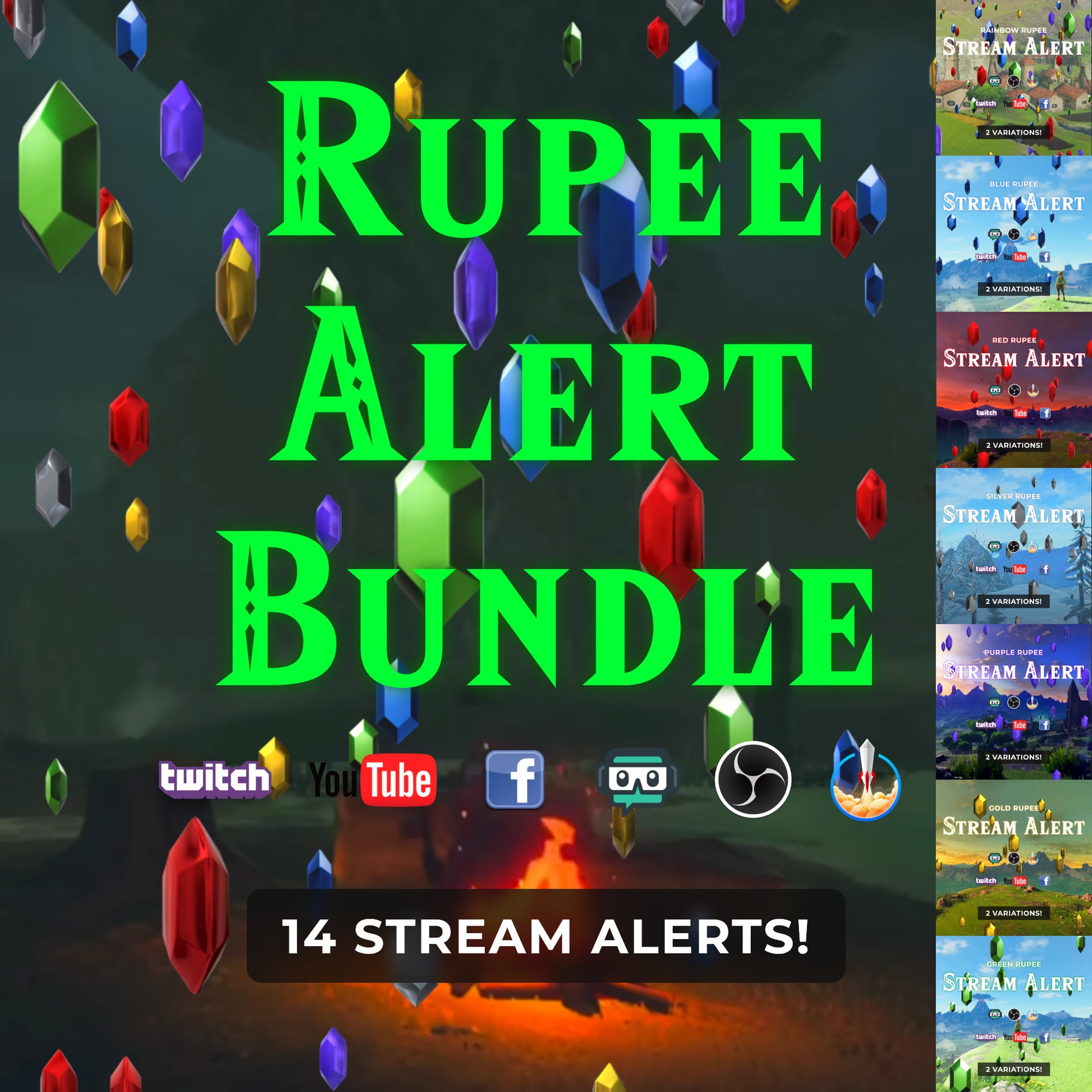 Rupee Stream Alert Bundle - 14 Animated Zelda Overlays with Transparent Background - Full Screen 1920x0180 - Instant Download - .WEBM