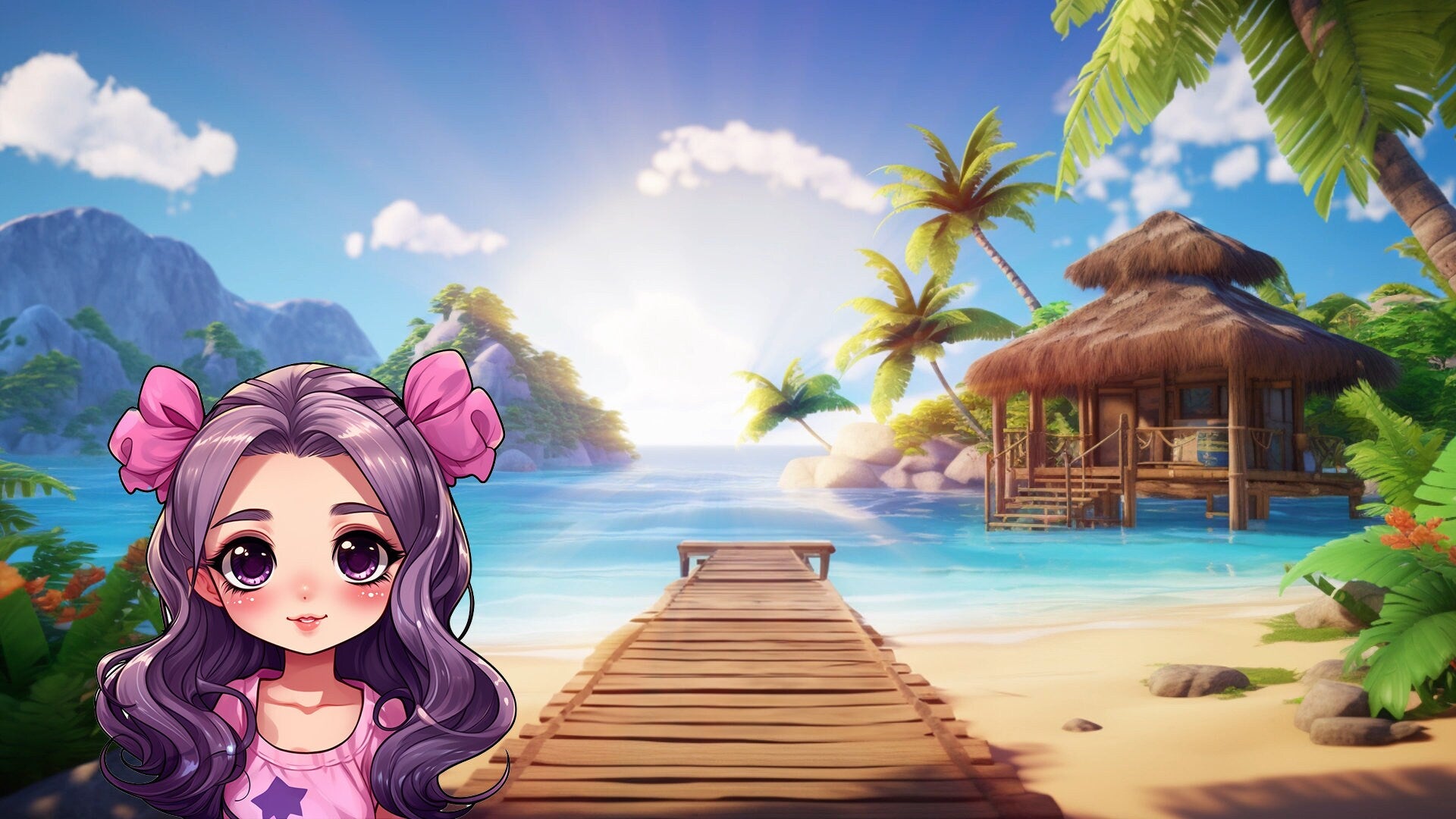 Summer Stream Background - Animated Tropical Vacation Scene - Full Screen 1920x1080 Perfect Loop - Vtuber - Instant Download - Green Screen