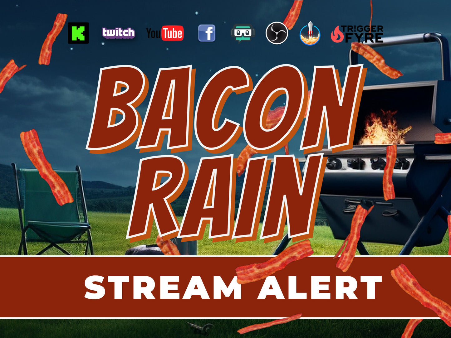 Bacon Rain Stream Alert - Full Screen Animated Overlay with Transparent Background - Breakfast Food Animation - Instant Download - 1920x1080