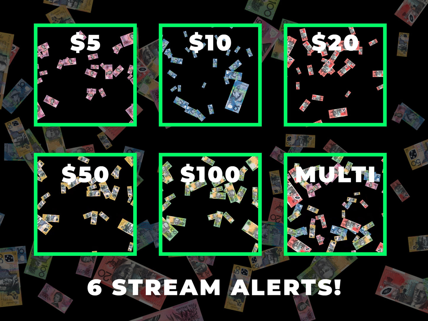 Aussie Tip Stream Alert Bundle - 6 Full Screen Animated Overlays for Australian Donations - Transparent Background - Instant Download