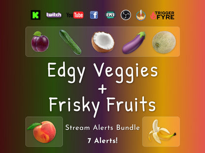 Stream Alert Bundle - Edgy Veggies & Frisky Fruits - 7 Full Screen Animated Overlays w Transparent Background - 1920x1080 - Instant Download