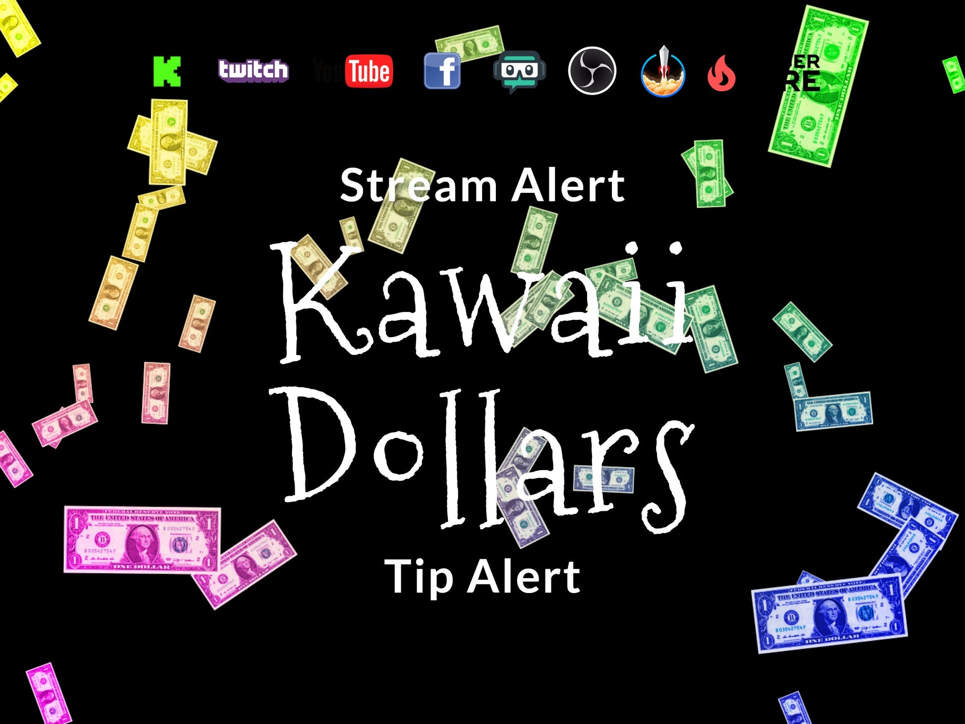 Kawaii Dollars Tip Stream Alert - Donation Effect - Full Screen Animated Overlay w/ Transparent Background - 1920x1080 - Instant Download