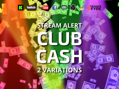 Club Cash Tip Stream Alert Pack - 2 Variations - Full Screen Animated Overlay w Transparent Background - Fun Rainbow Lights Donation Effect!